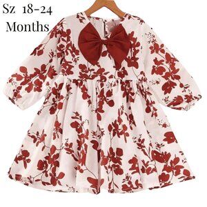 Christmas Dress With Red Bow, Girls Sz 12-24 Months,Floral Print With Puff Sleev